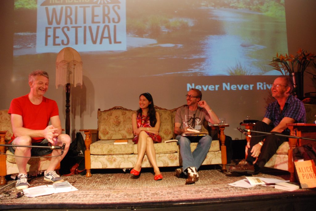 Irish writer and singer Andy White with Melbourne based writer Alice Pung, poet Mark Treddinnick and Brian Purcell.